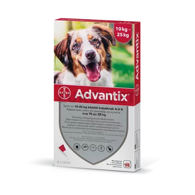 Advantix spot on - rácsepegtető oldat 10-25 kg közötti kutyáknak A.U.V. 1 db 2,5 ml ampulla nyitott dobozból
