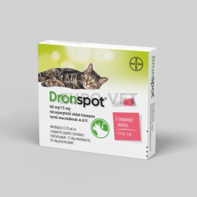 Dronspot 60 mg/15 mg rácsepegtető oldat közepes testű macskáknak A.U.V. (2x0,70 ml; 2,5-5 kg macskáknak) 2 db ampulla