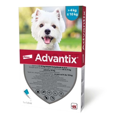 Advantix spot on - rácsepegtető oldat 4-10 kg közötti kutyáknak A.U.V. 1 db 1,0 ml ampulla nyitott dobozból