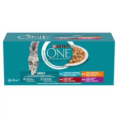 Purina One Adult csirkével/marhával/báránnyal/tengeri hallal szószban nedves macskaeledel 40 x 85 g