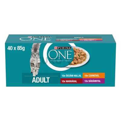 12500590 7613287586179 Purina One Adult csirkével/marhával/báránnyal/tengeri hallal szószban nedves macskaeledel 40 x 85 g